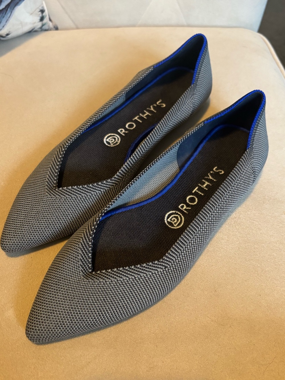 Rothy's Pointed Flats in Black and Blue Trim
